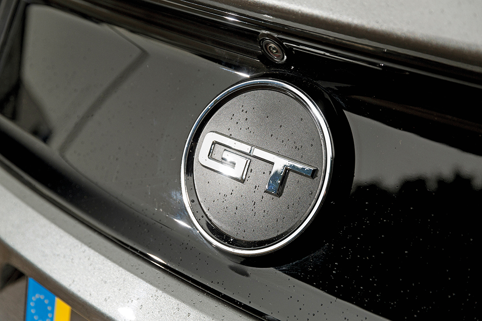 Close up of GT badge on the boot lid of Ford Mustang S550